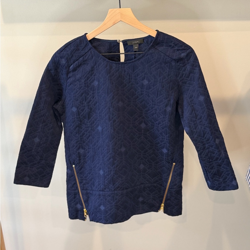 J. Crew Quilted Navy Blue 3/4 Sleeve Top with Gold Zippers